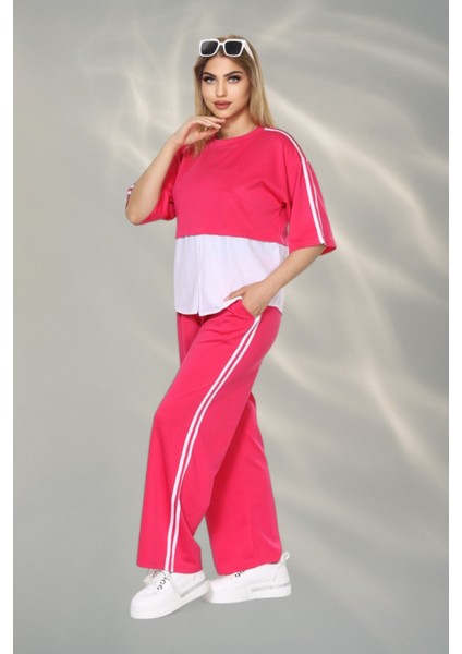 Kadın Spor-Şık Takım – Düğme Detaylı Üst & Yan Şeritli Pantolon - Fuşya modelleri