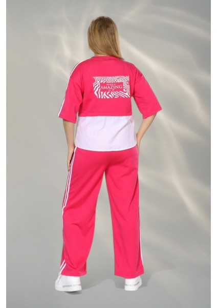 Kadın Spor-Şık Takım – Düğme Detaylı Üst & Yan Şeritli Pantolon - Fuşya fırsatları