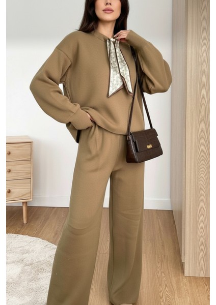 Fularlı Biskilet Yaka Geniş Paça Ikili Triko Set Takım