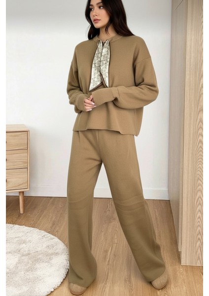 Fularlı Biskilet Yaka Geniş Paça Ikili Triko Set Takım fiyatları