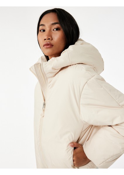 Fermuarlı Uzun Kollu Su Itici Kapüşonlu Crop Şişme Mont