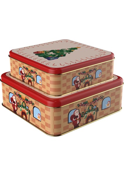 2'li Dikdörtgen Yılbaşı Desenli Metal Kutu 4 Adet