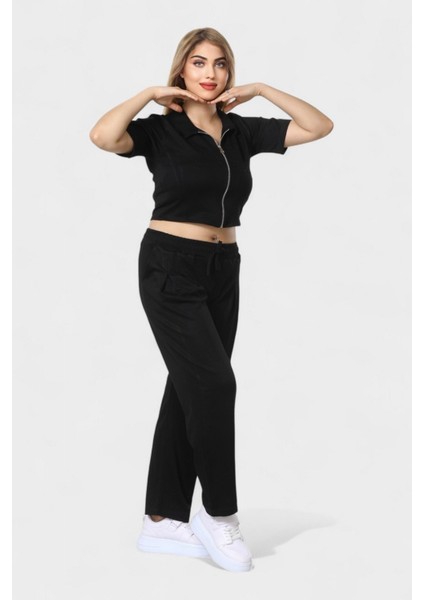 Polo Yaka Ferumar Detaylı Cepli Pamuklu Tüylenmez Rahat Kalıp Bluz ve Pantolon Takım - Siyah modelleri