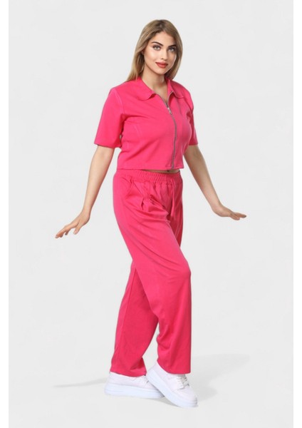 Polo Yaka Ferumar Detaylı Cepli Pamuklu Tüylenmez Rahat Kalıp Bluz ve Pantolon Takım - Pembe fiyatları