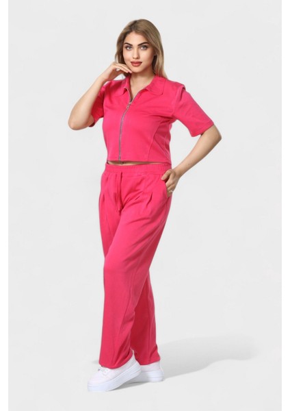 Polo Yaka Ferumar Detaylı Cepli Pamuklu Tüylenmez Rahat Kalıp Bluz ve Pantolon Takım - Pembe modelleri