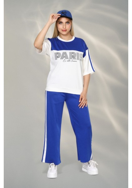 Paris Temalı Kumaş Yumşak Dokulu Yan Şeritli Bluz ve Pantolon Alt Üst Takım - Mavi fiyatları