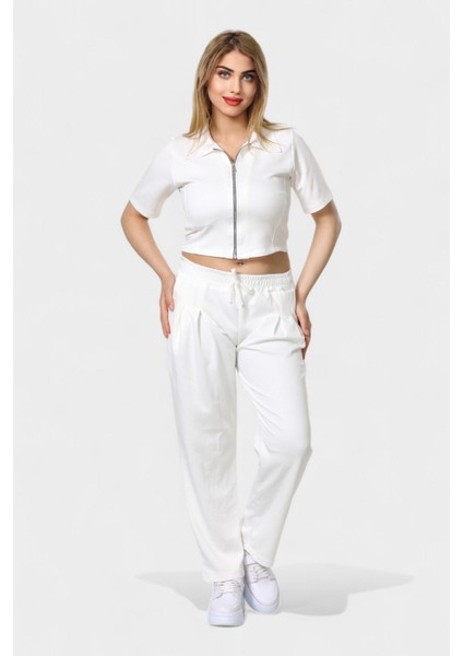Polo Yaka Ferumar Detaylı Cepli Pamuklu Tüylenmez Rahat Kalıp Bluz ve Pantolon Takım - Beyaz modelleri