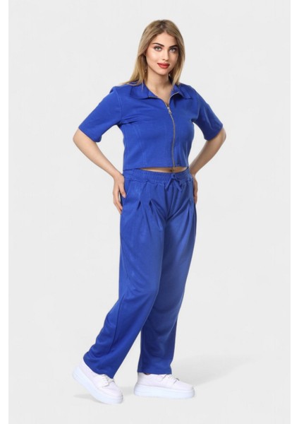 Polo Yaka Ferumar Detaylı Cepli Pamuklu Tüylenmez Rahat Kalıp Bluz ve Pantolon Takım - Mavi