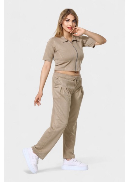 Polo Yaka Ferumar Detaylı Cepli Pamuklu Tüylenmez Rahat Kalıp Bluz ve Pantolon Takım - Bej