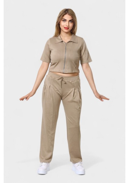 Polo Yaka Ferumar Detaylı Cepli Pamuklu Tüylenmez Rahat Kalıp Bluz ve Pantolon Takım - Bej modelleri