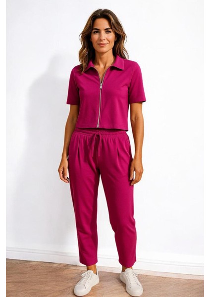 Kadın Rahat Kesim Fermuarlı Kısa Kollu Crop Lastikli Eşofman Takımı -Ikili Set - Pembe