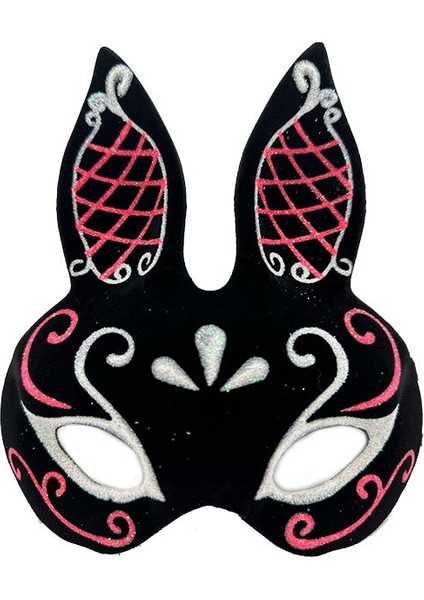 Siyah Renk Kırmızı Beyaz Simli Siyah Süet Kaplama Tavşan Maskesi 18X16 cm fiyatları