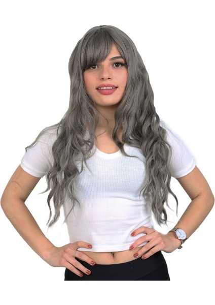 Perçemli Uzun Su Dalgası Fiber Sentetik Peruk/ Koyu Gri