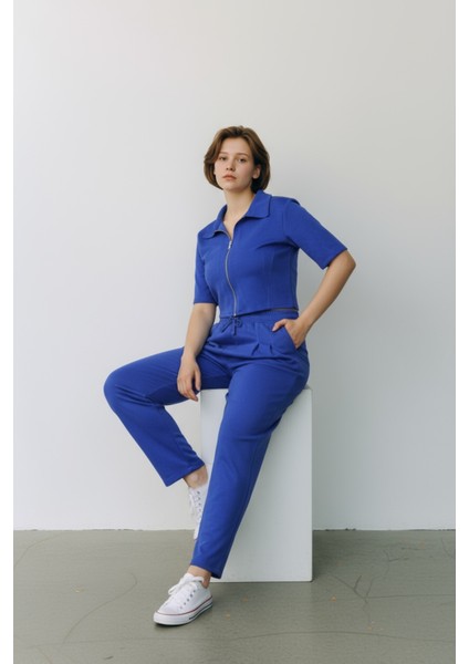 Kadın Fermuarlı Crop Üst & Beli Lastikli Pensli Rahat Kesim Ikili Takım - Mavi