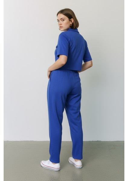 Kadın Fermuarlı Crop Üst & Beli Lastikli Pensli Rahat Kesim Ikili Takım - Mavi fiyatları