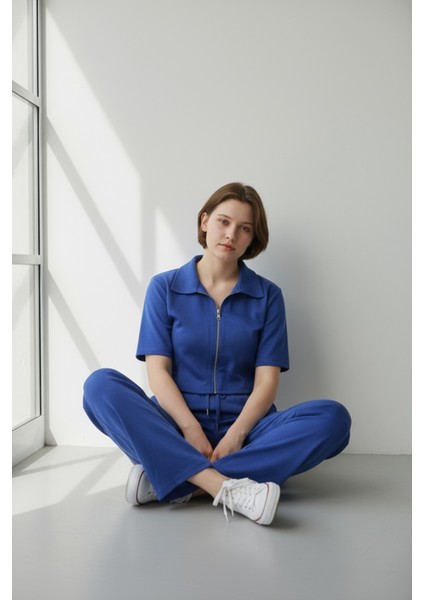 Kadın Fermuarlı Crop Üst & Beli Lastikli Pensli Rahat Kesim Ikili Takım - Mavi modelleri