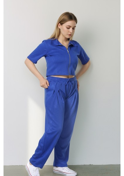 Kadın Fermuarlı Crop Üst & Beli Lastikli Pensli Rahat Kesim Ikili Takım - Mavi