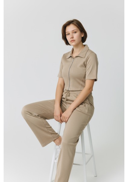 Kadın Fermuarlı Crop Üst & Beli Lastikli Pensli Rahat Kesim Ikili Takım - Bej