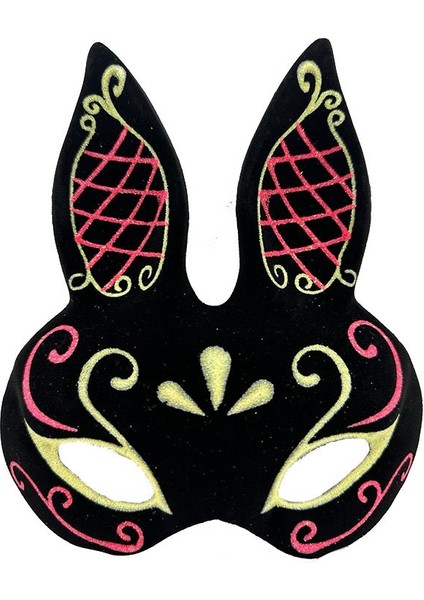 Siyah Renk Kırmızı Gold Simli Siyah Süet Kaplama Tavşan Maskesi 18X16 cm