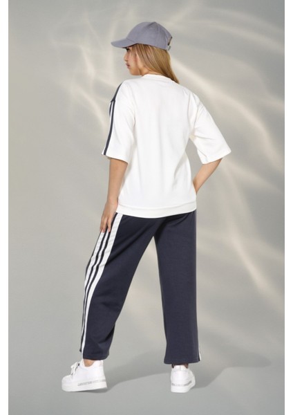 Paris Temalı Kumaş Yumşak Dokulu Yan Şeritli Bluz ve Pantolon Alt Üst Takım - Füme modelleri