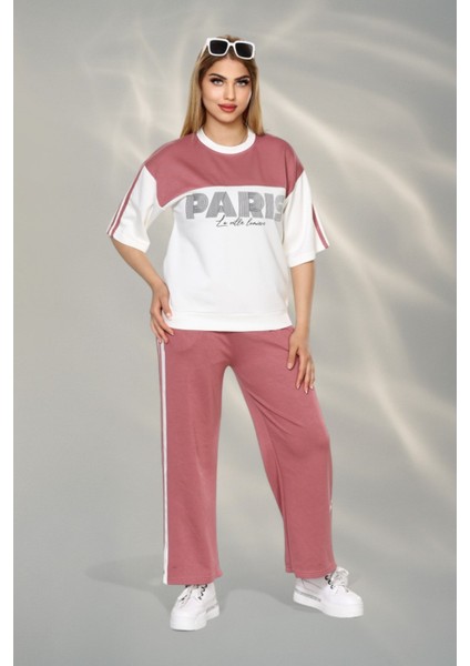 Paris Temalı Kumaş Yumşak Dokulu Yan Şeritli Bluz ve Pantolon Alt Üst Takım - Gül Kurusu