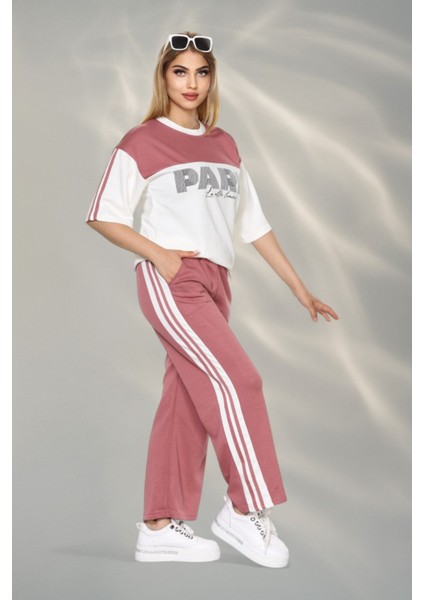 Paris Temalı Kumaş Yumşak Dokulu Yan Şeritli Bluz ve Pantolon Alt Üst Takım - Gül Kurusu fiyatları