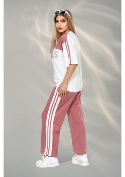 Paris Temalı Kumaş Yumşak Dokulu Yan Şeritli Bluz ve Pantolon Alt Üst Takım - Gül Kurusu modelleri