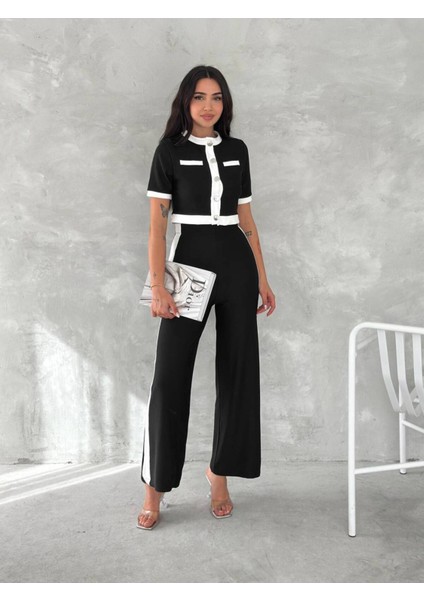 Kadın Siyah Ottoman Kumaş Şerit Garnili Takım - Siyah