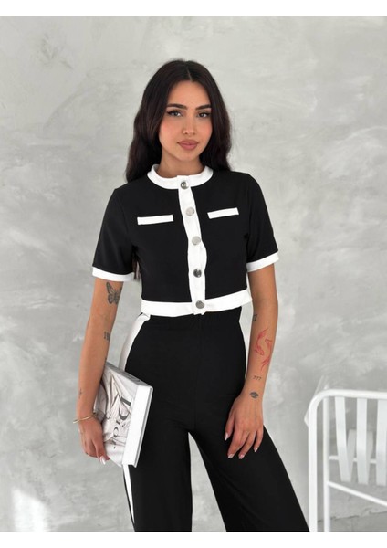 Kadın Siyah Ottoman Kumaş Şerit Garnili Takım - Siyah fırsatları