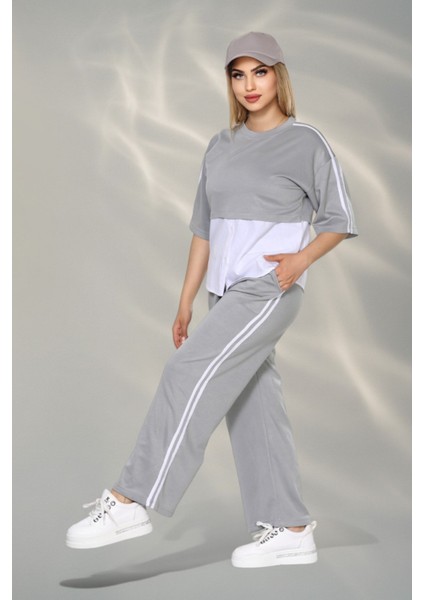Kadın Spor-Şık Takım – Düğme Detaylı Üst & Yan Şeritli Pantolon - Gri