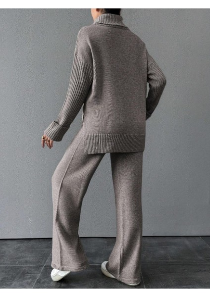 Kadın Fitilli Yaka Saç Örgü Desenli Yanlardan Yırtmaçlı Triko Takım Antrasit fiyatları