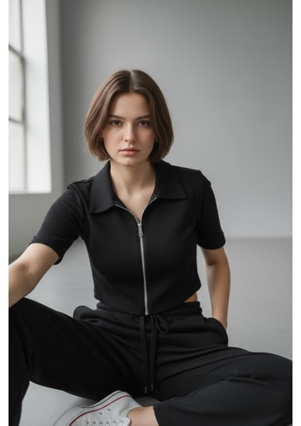 Kadın Fermuarlı Crop Üst & Beli Lastikli Pensli Rahat Kesim Ikili Takım - Siyah modelleri