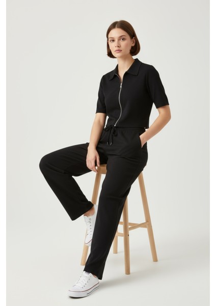 Kadın Fermuarlı Crop Üst & Beli Lastikli Pensli Rahat Kesim Ikili Takım - Siyah fırsatları