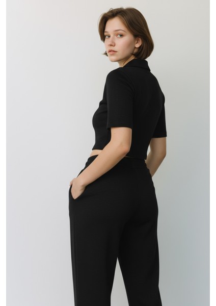 Kadın Fermuarlı Crop Üst & Beli Lastikli Pensli Rahat Kesim Ikili Takım - Siyah indirimleri