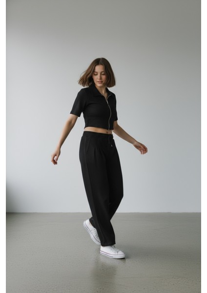 Kadın Fermuarlı Crop Üst & Beli Lastikli Pensli Rahat Kesim Ikili Takım - Siyah