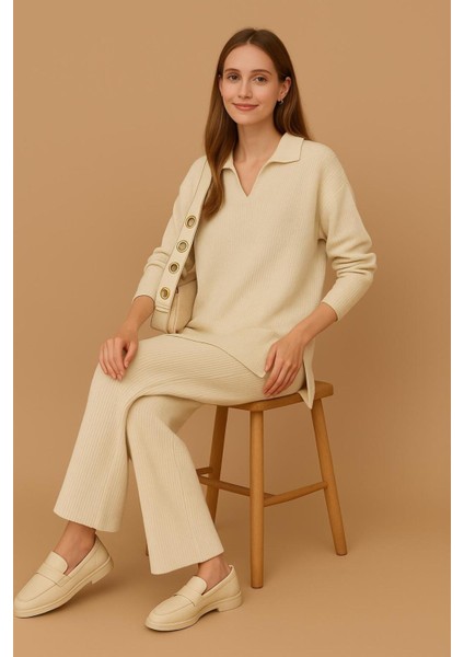 Kadın Triko Takım Polo Yaka Kazak ve Pantolon