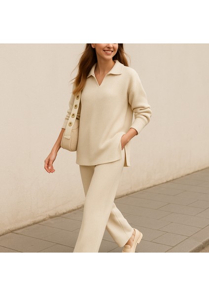 Kadın Triko Takım Polo Yaka Kazak ve Pantolon modelleri