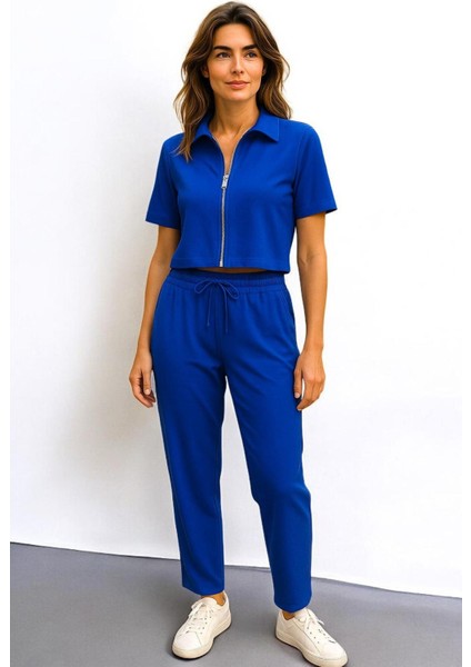 Kadın Rahat Kesim Fermuarlı Kısa Kollu Crop Lastikli Eşofman Takımı -Ikili Set - Sax Mavi