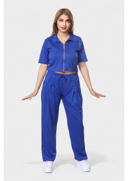 Polo Yaka Ferumar Detaylı Cepli Pamuklu Tüylenmez Rahat Kalıp Bluz ve Pantolon Takım - Mavi modelleri