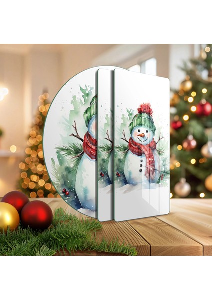 Cam Sunum Servis Tabağı 3'lü Yuvarlak Set Kardan Adam Desenli