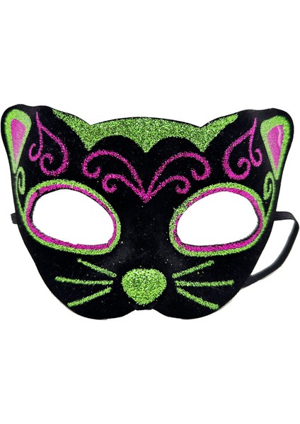 Siyah Kadife Kaplama Üzeri Pembe Yeşil Sim Işlemeli Kedi Maskesi 20X13 cm fiyatları