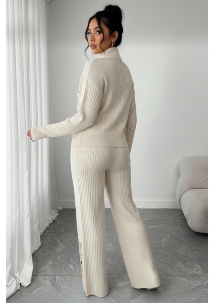 Fitilli Dokulu Inci Işlemeli Parmak Geçirmeli Yarım Balıkçı Yaka Triko Ikili Takım - Beyaz fiyatları