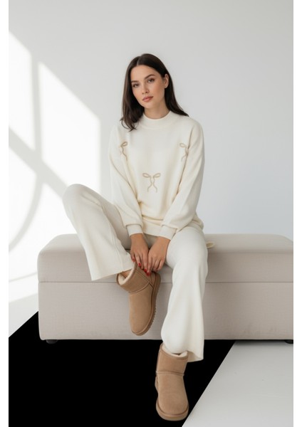 Şık Kurdele Taş Işlemeli Kadın Ikili Triko Takım Salaş Fit Uzun Kollu ve Rahat Pantolon - Ekru fiyatları