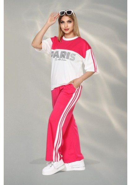 Paris Temalı Kumaş Yumşak Dokulu Yan Şeritli Bluz ve Pantolon Alt Üst Takım - Pembe