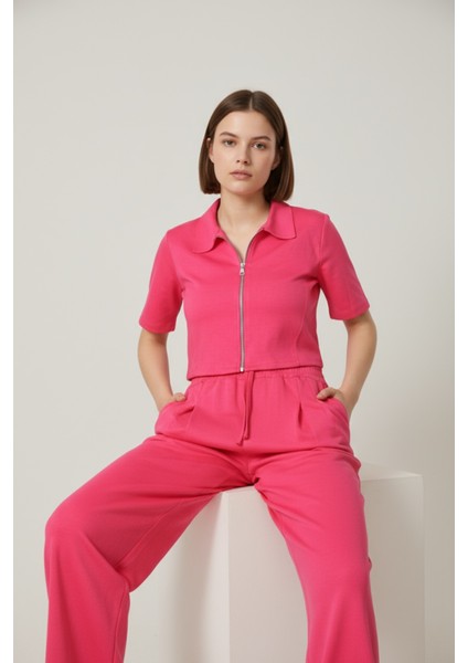 Kadın Fermuarlı Crop Üst & Beli Lastikli Pensli Rahat Kesim Ikili Takım - Pembe
