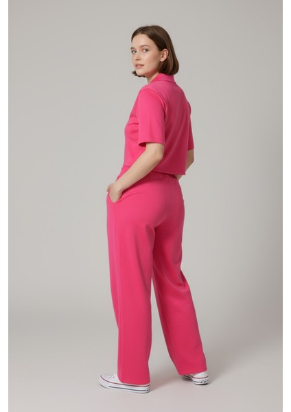 Kadın Fermuarlı Crop Üst & Beli Lastikli Pensli Rahat Kesim Ikili Takım - Pembe modelleri