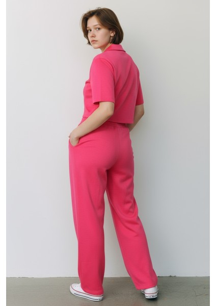 Kadın Fermuarlı Crop Üst & Beli Lastikli Pensli Rahat Kesim Ikili Takım - Pembe fırsatları