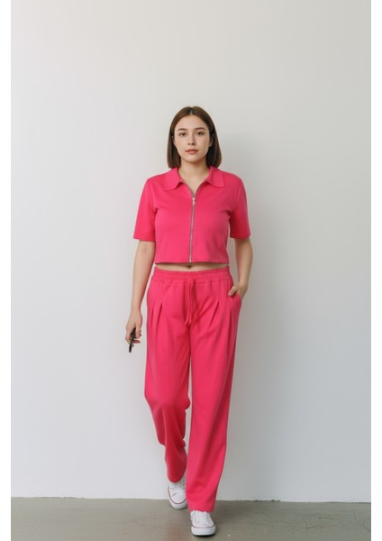 Kadın Fermuarlı Crop Üst & Beli Lastikli Pensli Rahat Kesim Ikili Takım - Pembe