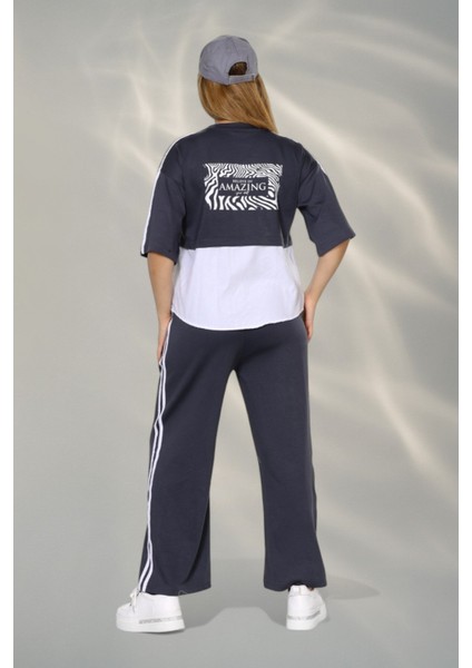 Kadın Spor-Şık Takım – Düğme Detaylı Üst & Yan Şeritli Pantolon - Füme fiyatları