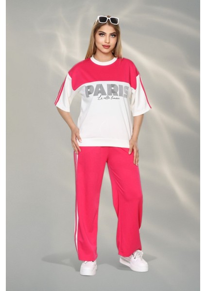 Paris Temalı Kumaş Yumşak Dokulu Yan Şeritli Bluz ve Pantolon Alt Üst Takım - Pembe fiyatları